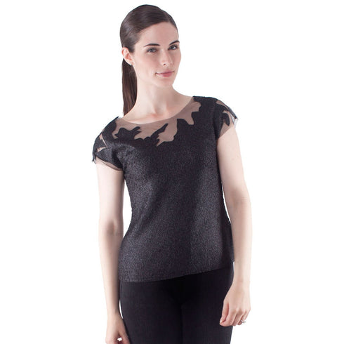 Cap Sleeve Tulle Illusion Crinkle Top - T408